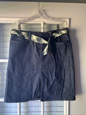 Maurices Dark Blue Denim  Skirt with Plaid Tie with a front slit.